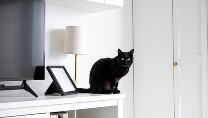 Black Cat Sitting on White Shelf in Modern Minimalist Home Interior