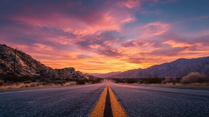 a beautiful sunset over the highway in the desert. there is an empty asphalt road with mountains on both sides. 