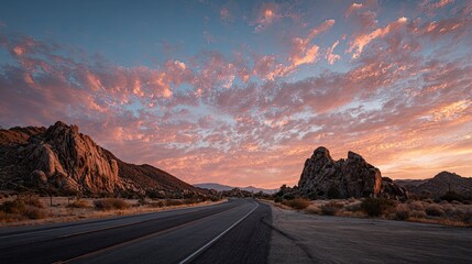 Stunning desert highway at sunset with vibrant pink clouds