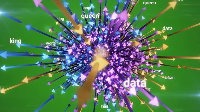 Abstract data visualization with colorful arrows and text on a green screen, representing AI and machine learning concepts.
