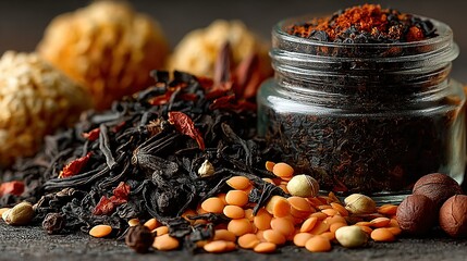 Assortment of teas spices and nuts displayed in a rustic setting.