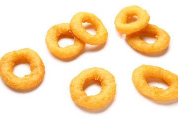 Fried breaded onion rings on white background