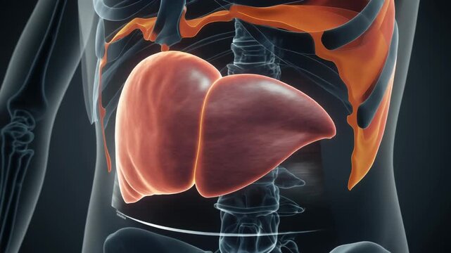 Human liver visualized within a transparent body, highlighting its anatomical position and structure.
