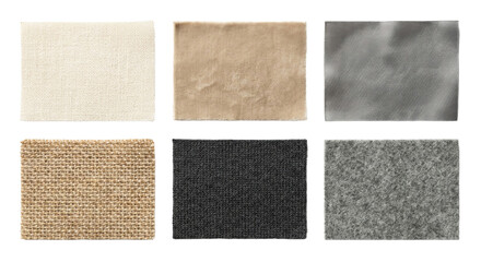 Assorted neutral fabric swatches with diverse textures including woven, knit, velvet, silk, and felt textiles arranged on a white background for material selection.