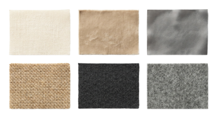 Assorted neutral fabric swatches with diverse textures including woven, knit, velvet, silk, and felt textiles arranged on a white background for material selection.