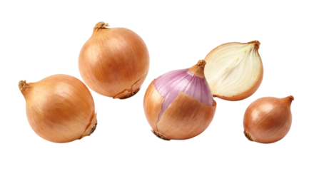 Fresh whole, halved, and partially peeled golden brown and purple onions, studio shot on a clean white background, showcasing raw essential cooking ingredients.