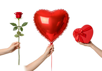 Three hands holding classic Valentine's Day gifts: a single red rose, a glossy heart-shaped balloon, and a heart-shaped gift box.