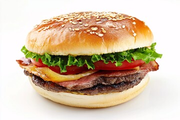 Isolated fast food hamburger or cheeseburger sandwich with beef, cheese, lettuce, tomato, and sesame seed bun on a white plate