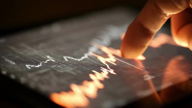 Investor reviewing straddle strategies on a digital tablet preparing to hedge against significant price movements in a fluctuating market.