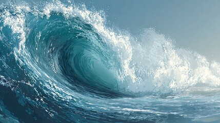 A large wave crashes in the ocean with blue water and white foam
