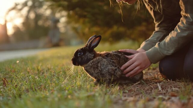 Medium shot capturing a pet owner practicing gradual desensitization training outdoors with a nervous rabbit.