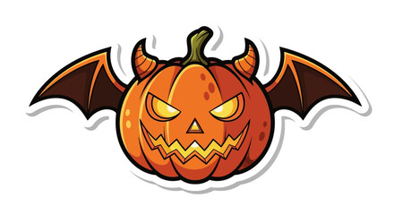 Cartoon Halloween pumpkin with devil horns and wings creating a spooky festive scene