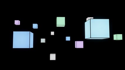 Dynamic arrangement of vibrant geometric cubes floating gracefully in a deep dark digital space, representing abstract data flow and interconnected futuristic concepts in a technological backdrop