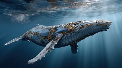 Mechanical whale in ocean: cybernetic marine mammal merging technology and nature, future concept