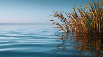 Obraz premium Calm Water Surface with Reeds and Sky Reflections at Dusk Captured in a Serene Natural Landscape
