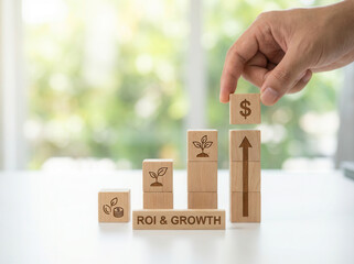 Return on investment calculation and showing a growth pattern with cubes using wooden cubes, symbolic icons, human hand, natural depth of field, soft blurred background, clean white desk