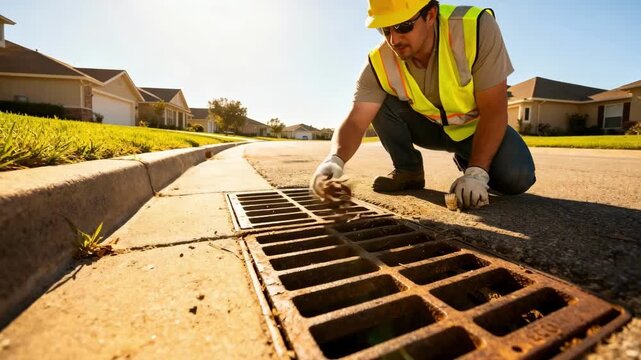 Medium shot of a worker inspecting and clearing debris from a stormwater drain in a dry residential neighborhood under bright sunny conditions.