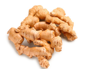 Fresh ginger roots on white background