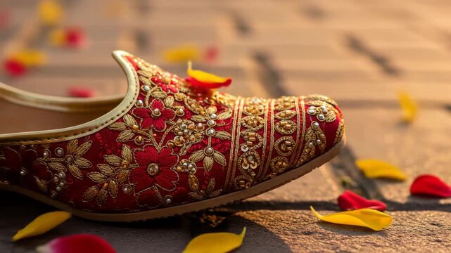 Red Punjabi Jutti with Gold Embroidery and Pearl Accents on Stone Path with Scattered Petals at Golden Hour