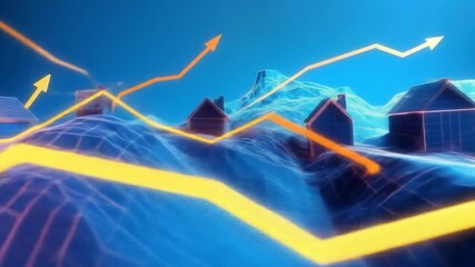 Abstract property market animation with growing financial arrows and houses on the blue grid