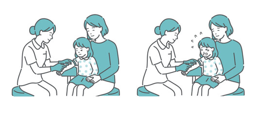 採血に臨む女の子の比較イラスト（落ち着いた vs 泣いて嫌がる）