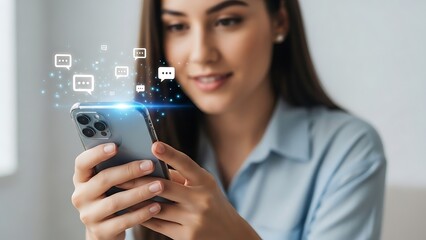 Woman using smartphone with chat bubbles, communication and technology concept.