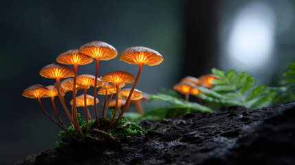 Fototapeta premium Breathtaking Ultra-Realistic Macro Photography of Glowing Mushrooms Illuminated in a Dark Forest Setting