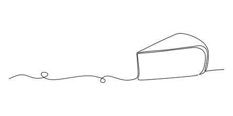 Obraz premium Continuous one line of a slice of cheese with smooth edges, representing snacks, culinary basics, hand drawn vector illustration.