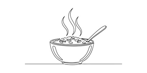 Continuous one line of a bowl of oatmeal, representing wholesome breakfasts, energy, and nutrition, hand drawn vector illustration.
