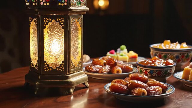 Traditional Middle Eastern sweets and dates on a table with a lantern during ramadan fasting month in a warm and cozy atmosphere.
