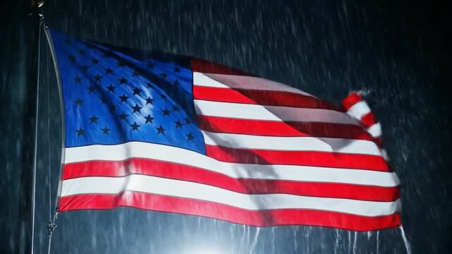 American flag waving in a windstorm with heavy rain, evoking resilience and perseverance under