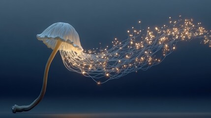 Bioluminescent mushroom releasing a trail of glittering, ethereal particles