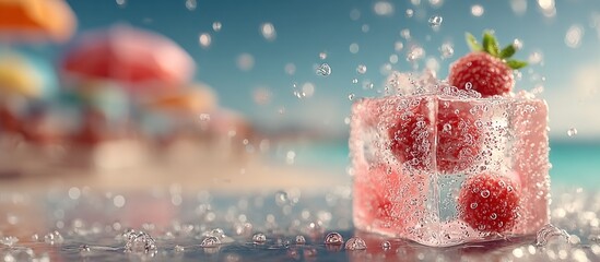 Raspberry embedded ice cube with water droplets against a blurred beach background