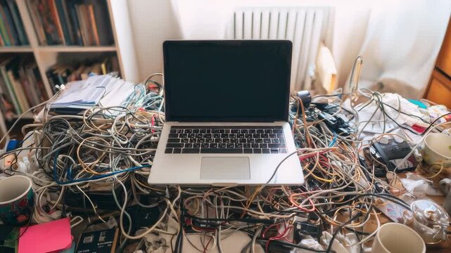 Laptop computer sitting on chaotic messy desk surrounded by huge pile of tangled cables and wire clutter