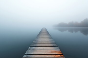 Fototapeta premium Mysterious Wooden Pier Stretching into Foggy Waters, Creating a Serene and Dreamlike Landscape Scene
