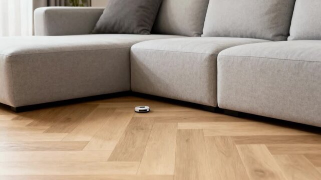 Medium shot of a modern living room floor embedded with discreet IoT sensors monitoring temperature and humidity for smart home climate control.