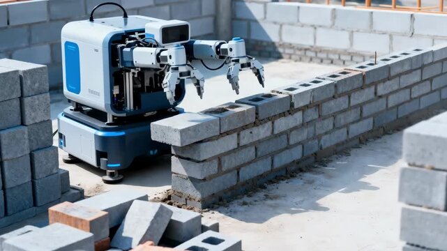 Medium shot of autonomous bricklaying robot operating independently onsite demonstrating smart technology and minimal human intervention.