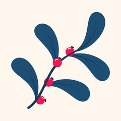 Red berries. Winter plant. Winter branches and leaves. Winter floral elements. Holiday decoration. Vector illustration