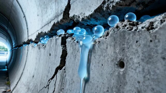 Medium shot of concrete sewer walls with visible microcapsules activating to repair cracks showcasing the innovative selfhealing process in urban infrastructure
