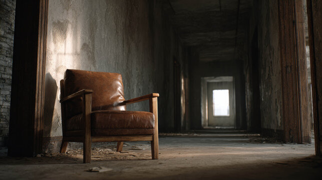 Abandoned Haunted Hospital Corridor with a Single Chair Surrounded by Decaying Walls and Shadows Highlighting Eerie Atmosphere - Powered by Adobe