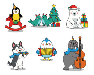 Naklejka premium Arctic Holiday Icons Sticker Set – 6 Isolated PNG Icons Penguin, Skating Seals, Polar Bear, Husky, Bird & Walrus Icons