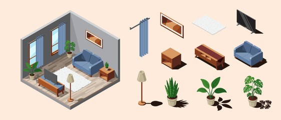 Isometric living room. Living room interior. TV with sofa, table, and other living room equipment. Isometric home furniture. Isometric home room