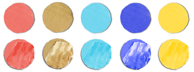 Textured Paint Swatches: Cardboard Circles Hand-Painted with Acrylic Primary, Secondary, Coral, Aqua, Blue, Tan, and Yellow Acrylic Tones