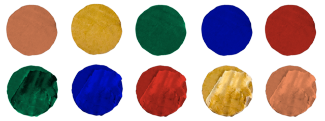 Textured Paint Swatches: Cardboard Circles Hand-Painted with Acrylic Primary, Secondary, and Earth Tones Palette on White
