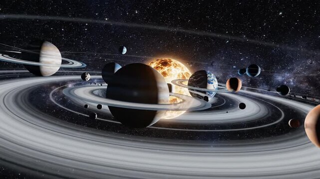 Dramatic cosmic vista showing planets, asteroid belts, rings, and a glowing sun against a starry space backdrop