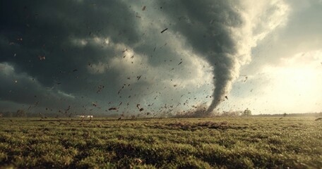 Naklejka premium Dramatic tornado forming over a vast rural landscape under a stormy sky