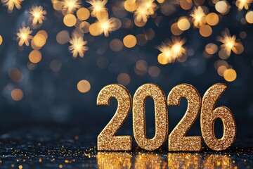 Golden glitter 2026 numbers on a reflective surface with twinkling bokeh lights, presenting a festive celebration scene