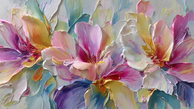 Pastel impasto floral painting with textured petals and vibrant multicolor brush strokes