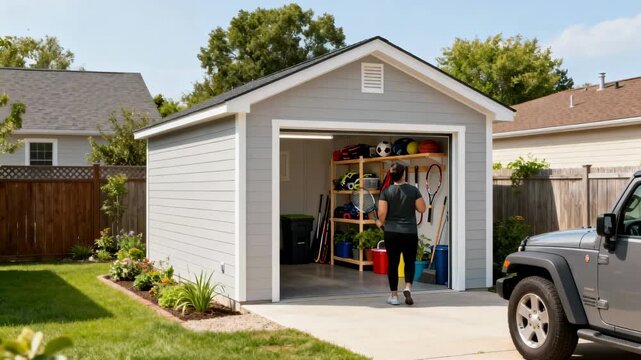 Medium shot of a standalone detached garage in a backyard setting with a vehicle parked nearby and visible storage racks for sports gear and garden supplies.