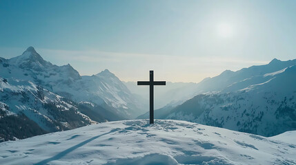 A cross is on top of a snowy mountain